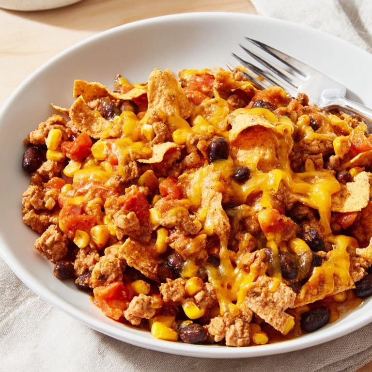 Warm, cheesy Turkey Taco Skillet, a bubbling delight ready for topping with fresh salsa.