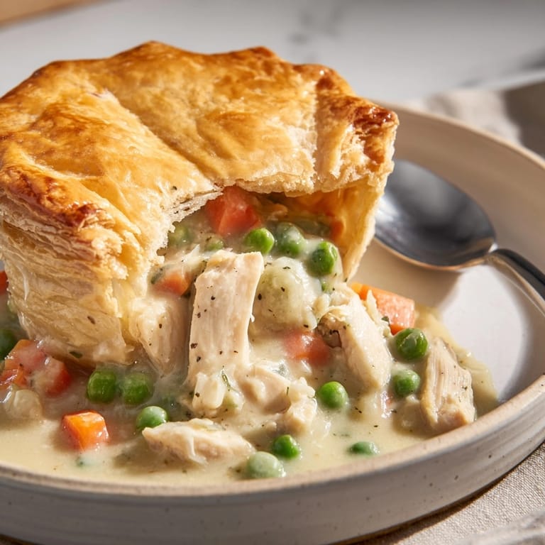 Savory Classic Chicken Pot Pie: Chicken, vegetables, and herbs simmered under pastry.