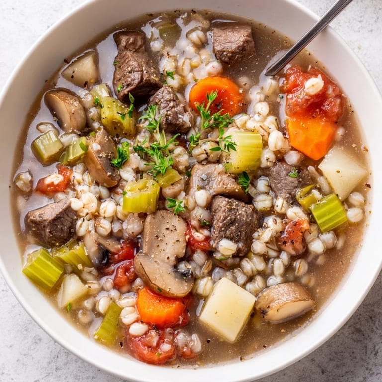 Comforting beef and barley soup garnished with parsley, perfect for chilly nights.  