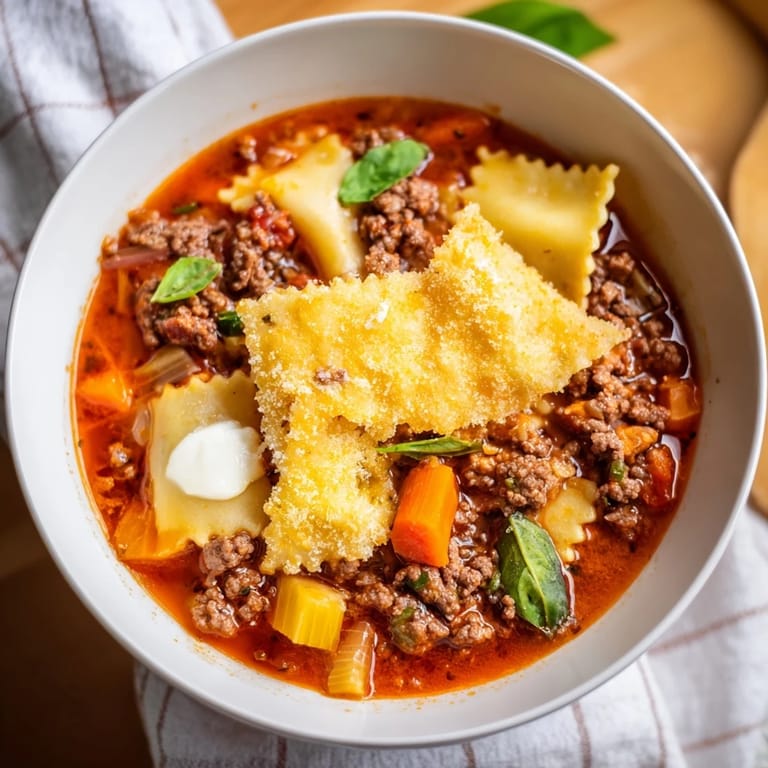 Rich tomato broth with broken pasta, ground beef, and crispy cheese topping.  
