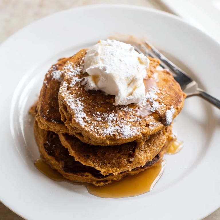 Golden-brown Gingerbread Pumpkin Muffin Pancakes served warm with a dusting of sugar.  