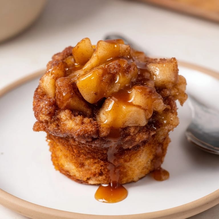 Golden brown Caramel Apple Fritter Muffin Cups topped with a sweet, gooey drizzle.