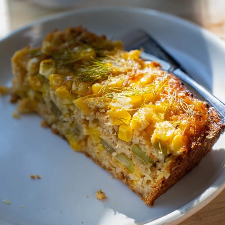 Warm slices of Dill Pickle Sweet Corn Pancake Loaf, drizzled with sour cream, delightful!