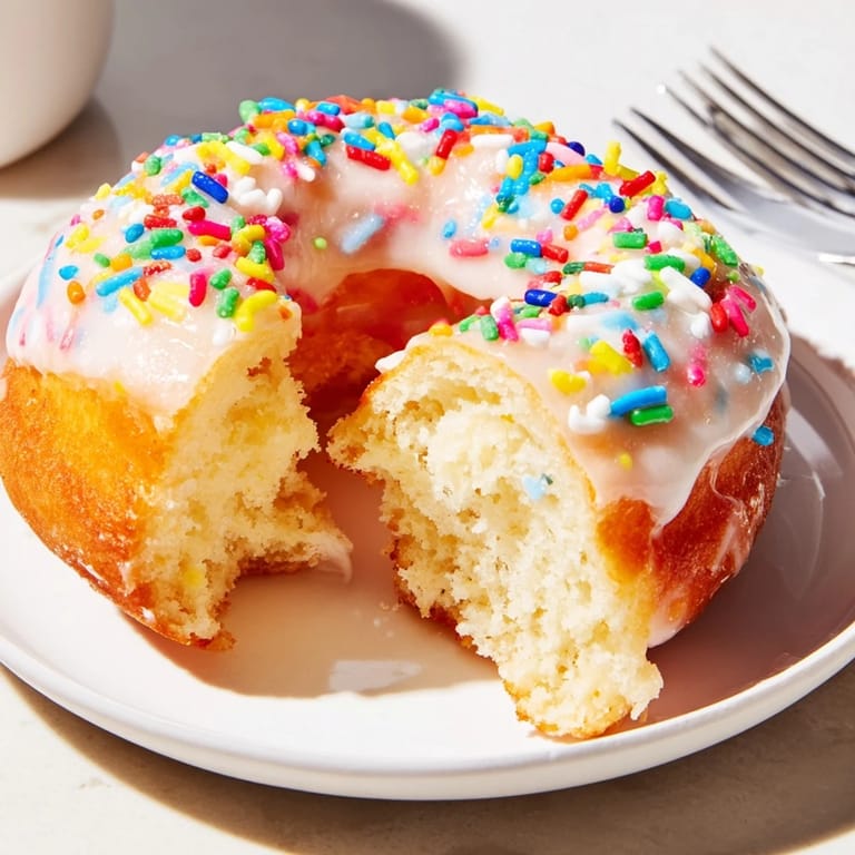 Delicious cream soda birthday cake donuts topped with colorful glaze and festive sprinkles.  