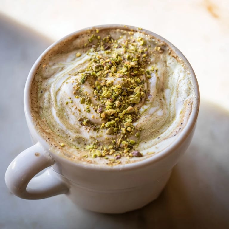 Warm, frothy pistachio milk latte, bursting with flavor for a cozy coffee break.