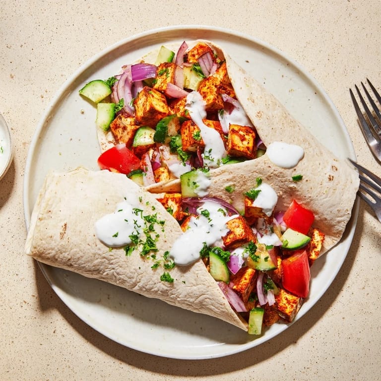 Delicious vegan twist on viral recipes with golden tofu and tangy yogurt drizzle.