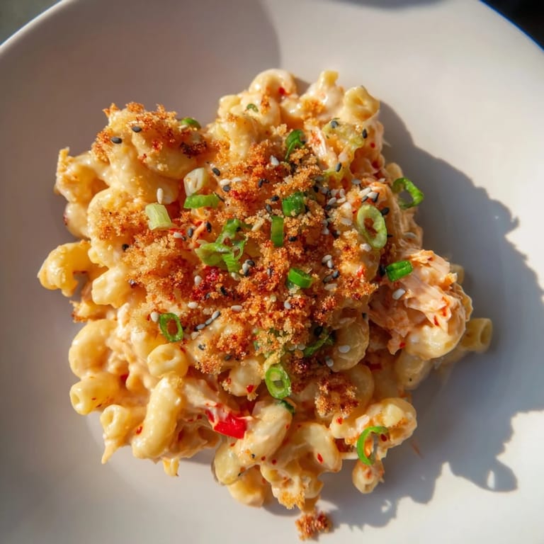 Creamy Spicy Kimchi Mac & Cheese with melty cheeses and spicy fermented goodness.  