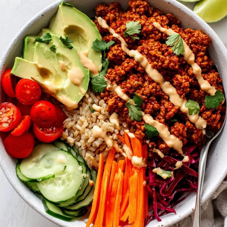 Colorful plant-based meat bowl topped with avocado, tomatoes, and spicy mayo drizzle.  