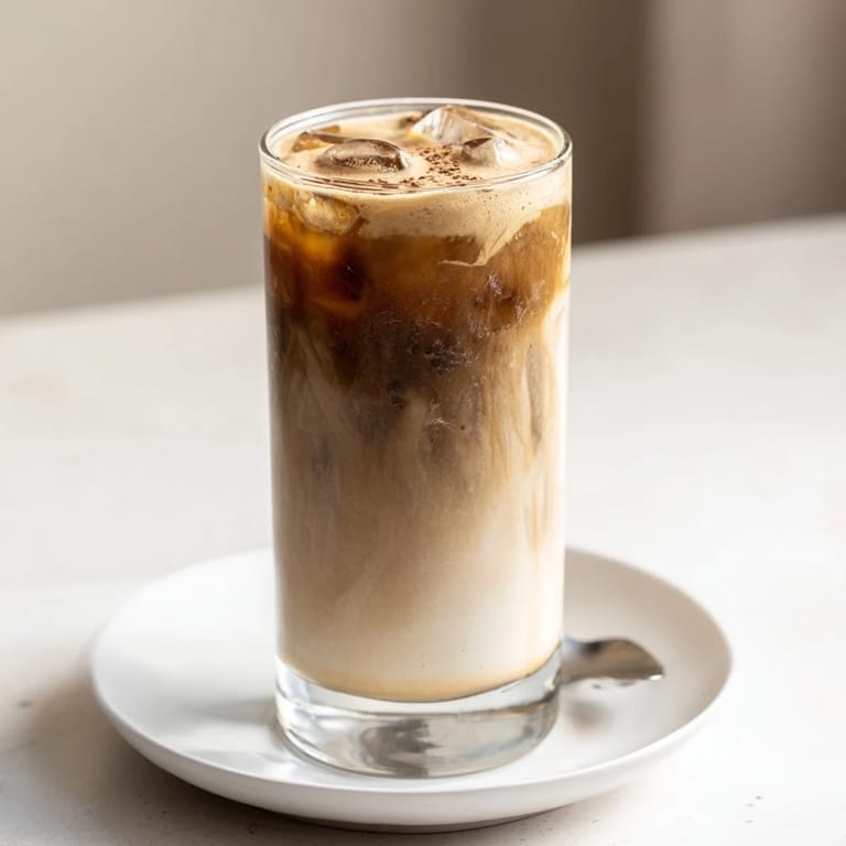 Chilled tahini iced coffee topped with plant-based milk, ideal for caffeine lovers.