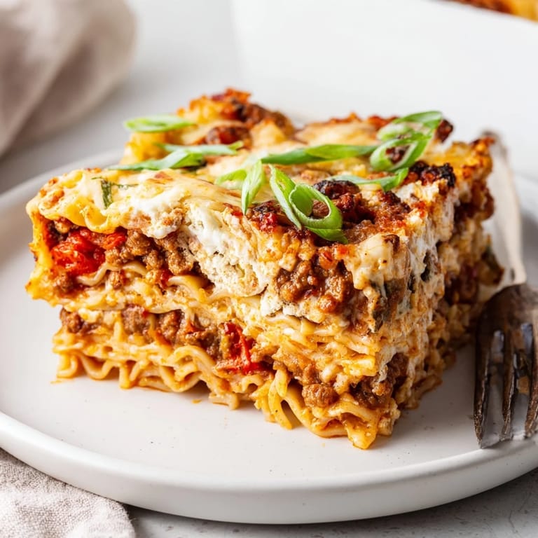 Delicious spicy ramen lasagna, topped with bubbling mozzarella and fresh green onions.  