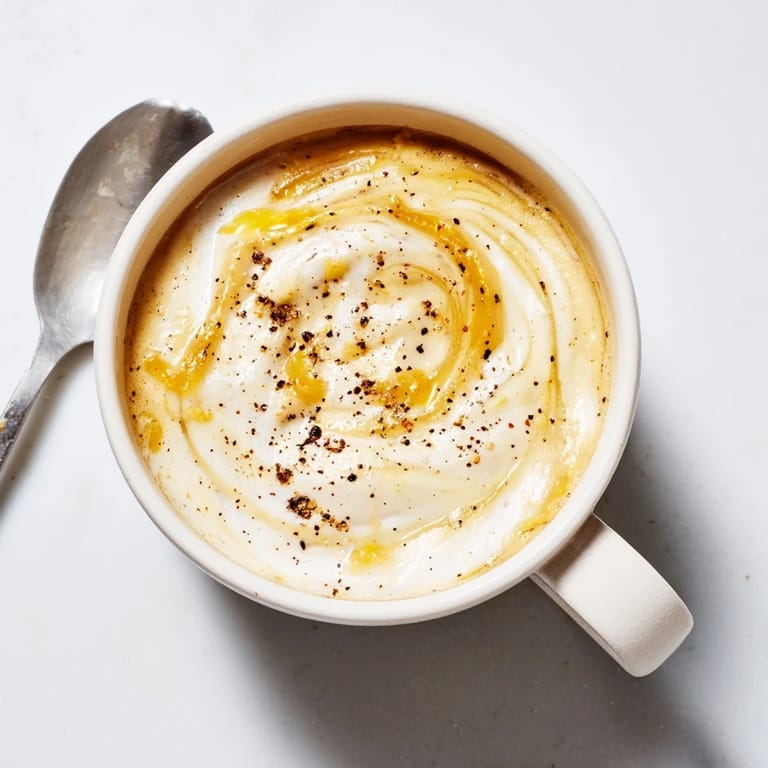 Indulge in a bold Onion Latte, garnished with black pepper and sweetened optionally.
