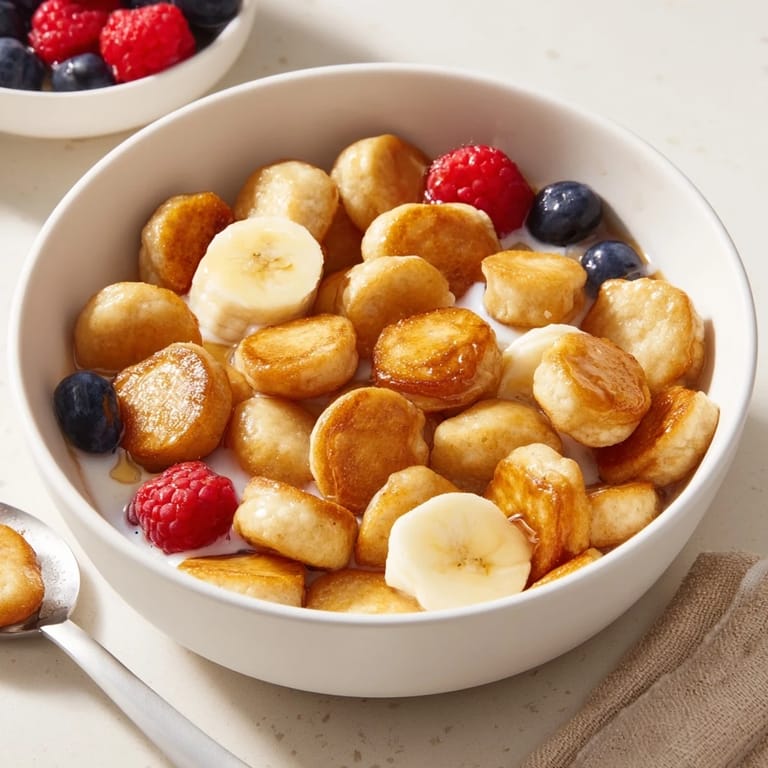 Crispy mini pancakes topped with fruit, resembling delightful breakfast cereal.