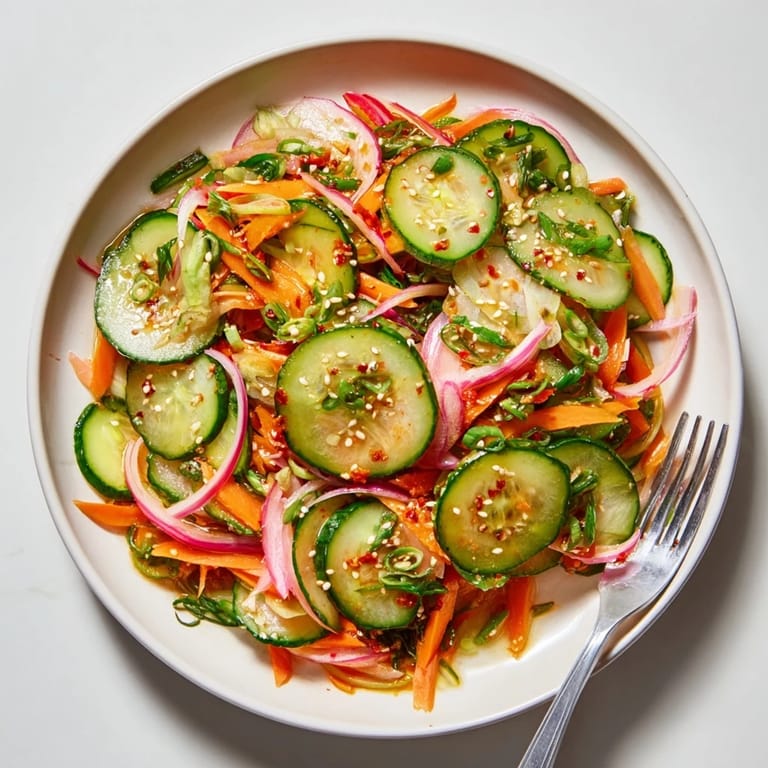 Crisp cucumber salad remix featuring fresh veggies and a tangy, savory dressing.