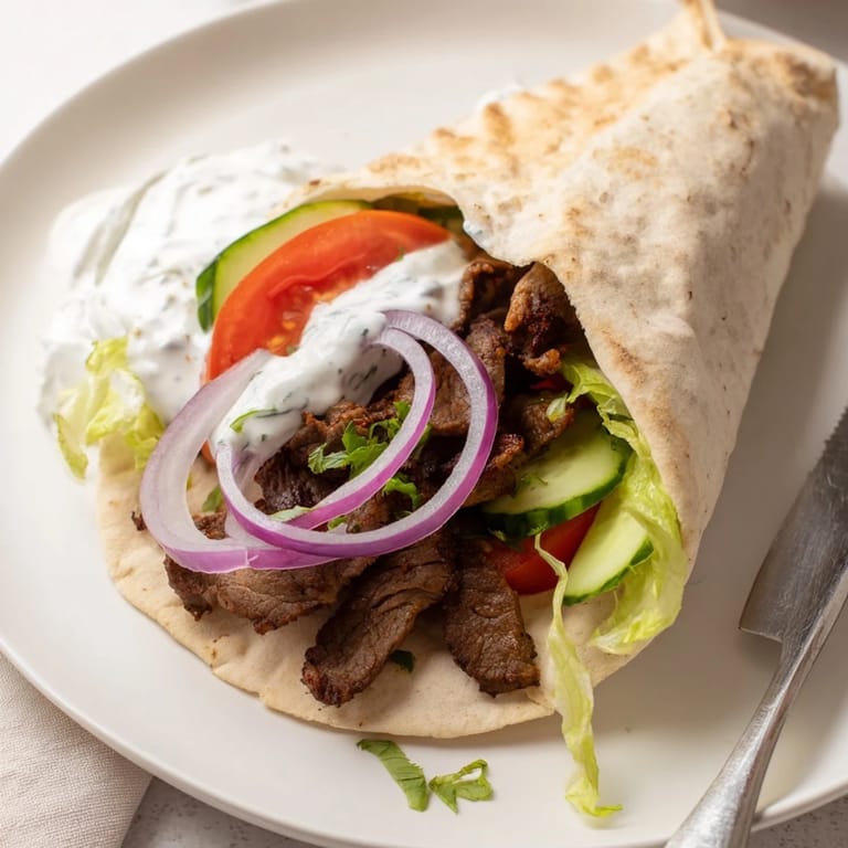 Flavorful beef shawarma wraps bursting with creamy sauce, fresh herbs, and vibrant toppings.