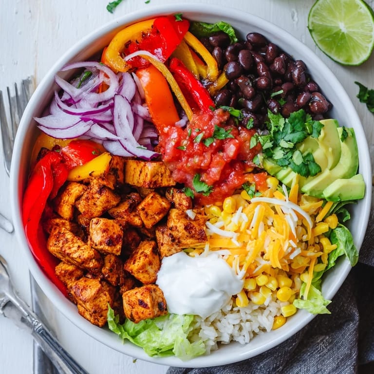 Delicious Sheet Pan Chicken Burrito Bowls bursting with color, cheese, and avocado slices.  