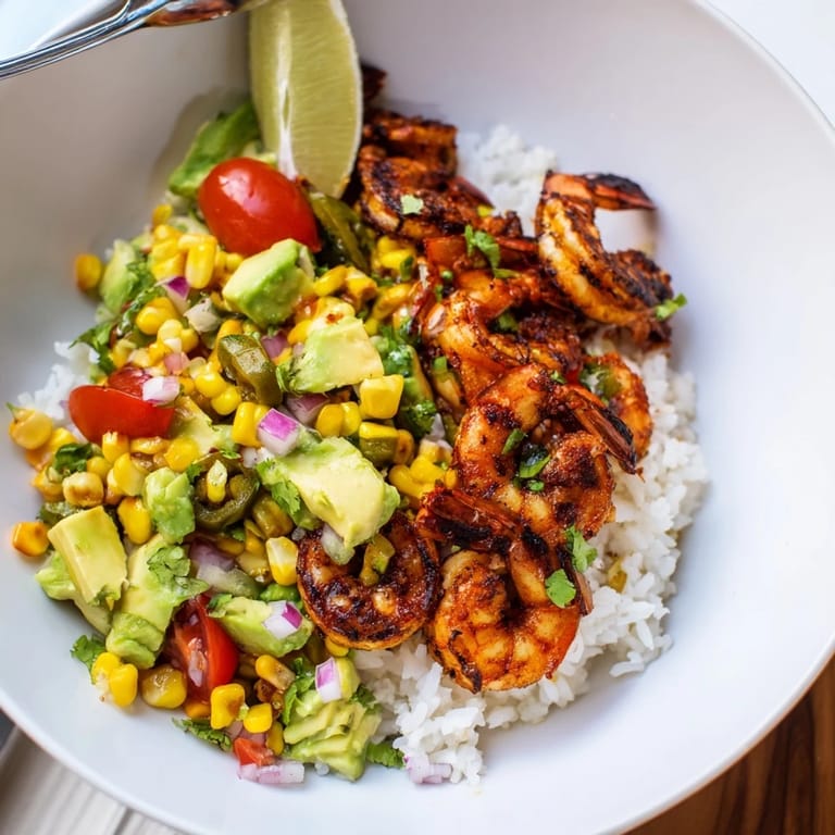 Vibrant Blackened Shrimp Bowl with fresh avocado corn salsa and lime wedges.  