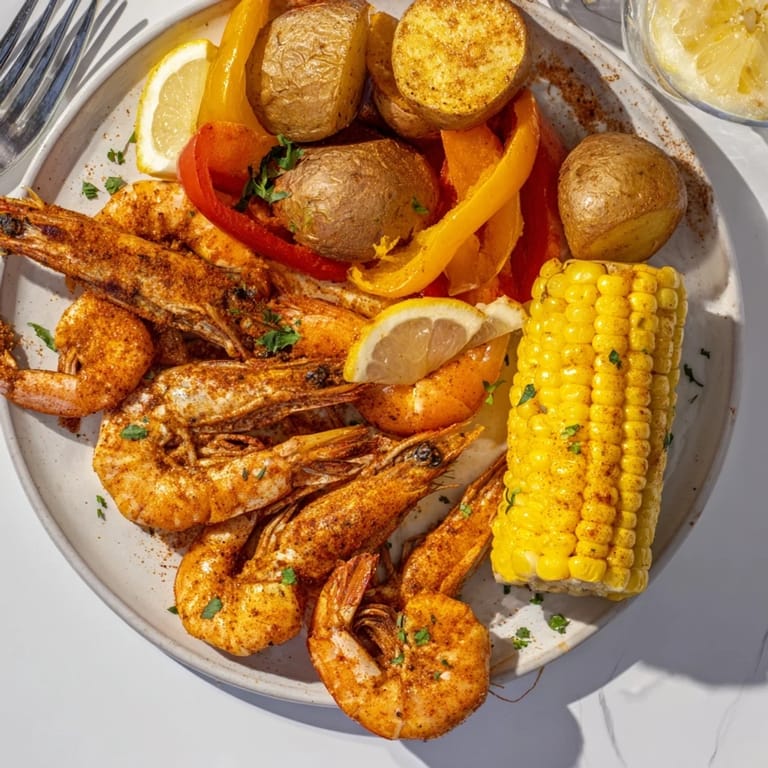 Colorful Cajun shrimp & sweet corn dish, perfect for summer gatherings with friends.  