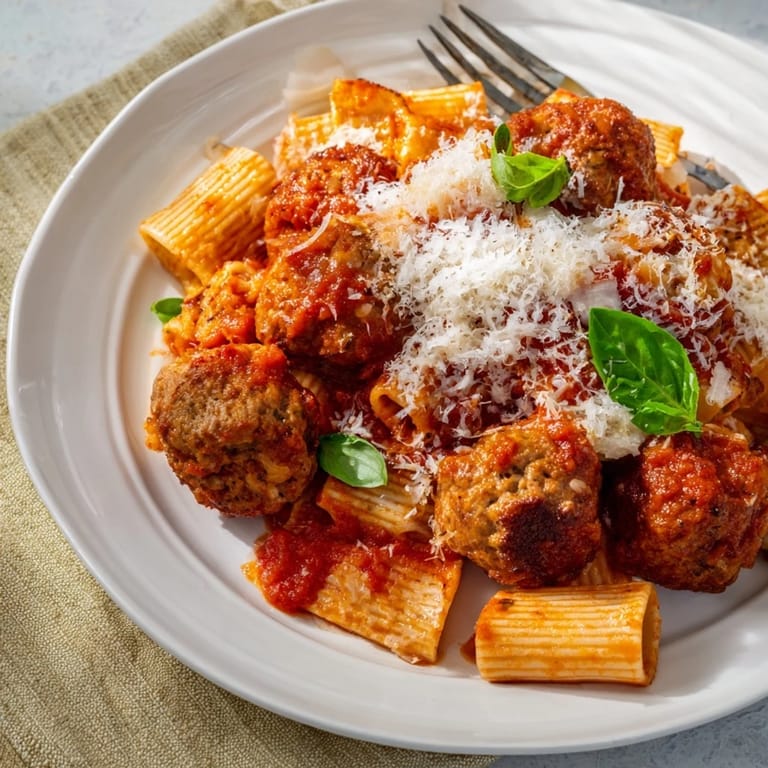Delicious Italian Meatball Pasta Skillet simmered in rich tomato sauce and herbs.  