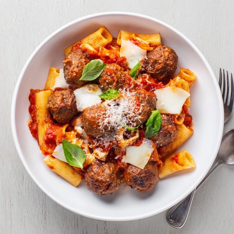 One-pan Italian Meatball Pasta Skillet garnished with fresh basil and melted mozzarella.