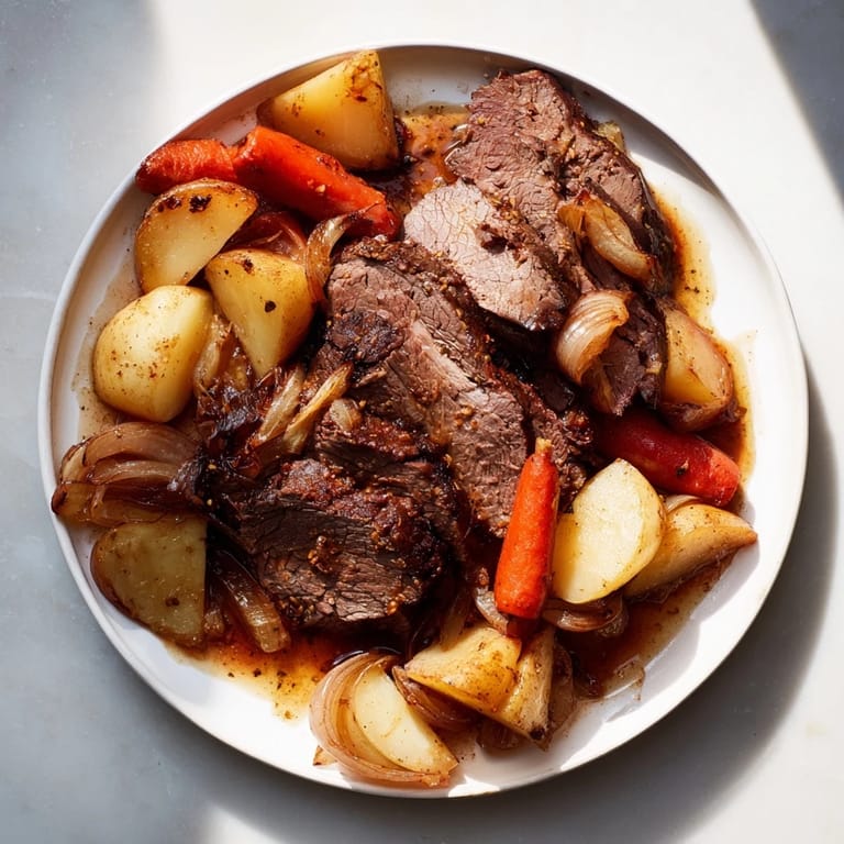 A steaming plate of Sunday Pot Roast, featuring juicy beef and tender, caramelized root vegetables.