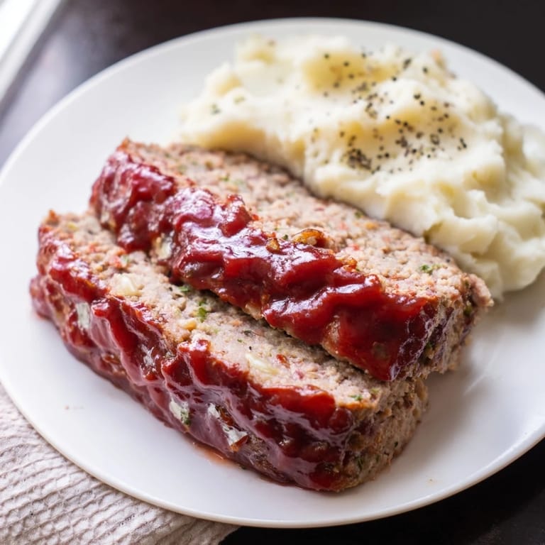 Close-up of tender Classic Meatloaf & Mashed Potatoes, beautifully glazed and served with fluffy potatoes.