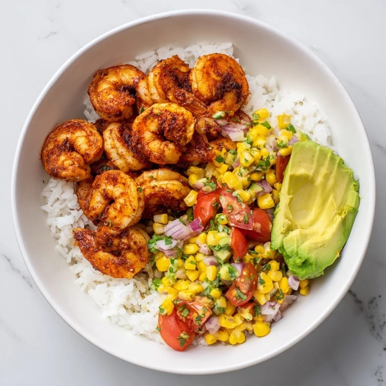 A beautifully arranged Easy Grilled Shrimp Bowl, showcasing the fresh corn salsa's bright colors and flavors.