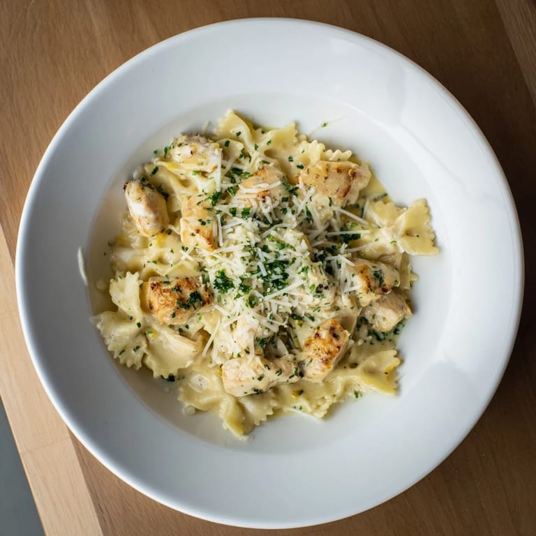 Savory Mozzarella Garlic Butter Chicken Bowties featuring tender chicken with melted cheese on pasta.