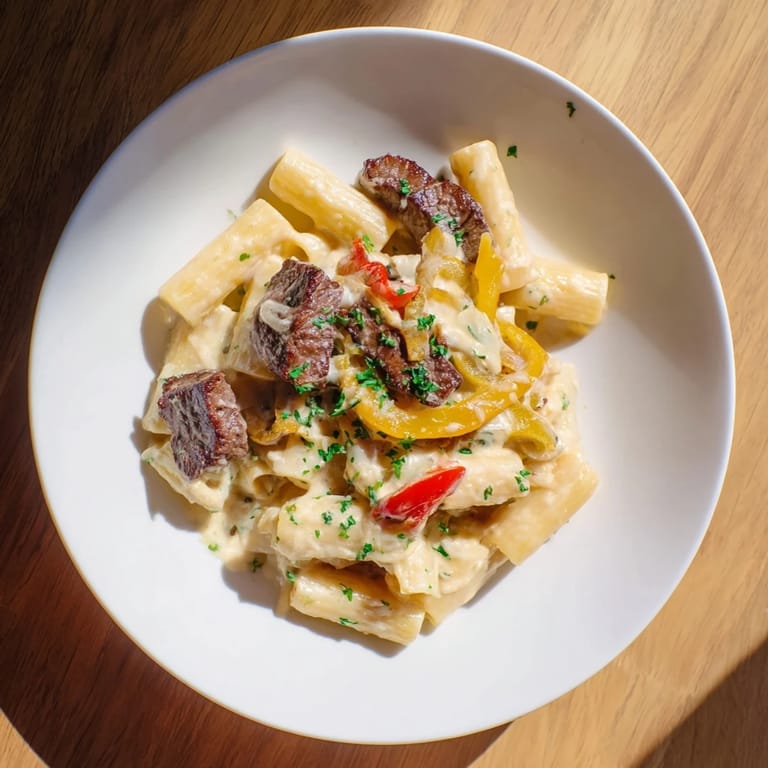 Enjoy a steaming bowl of Philly Cheese Steak Pasta with perfectly cooked pasta and savory flavors.
