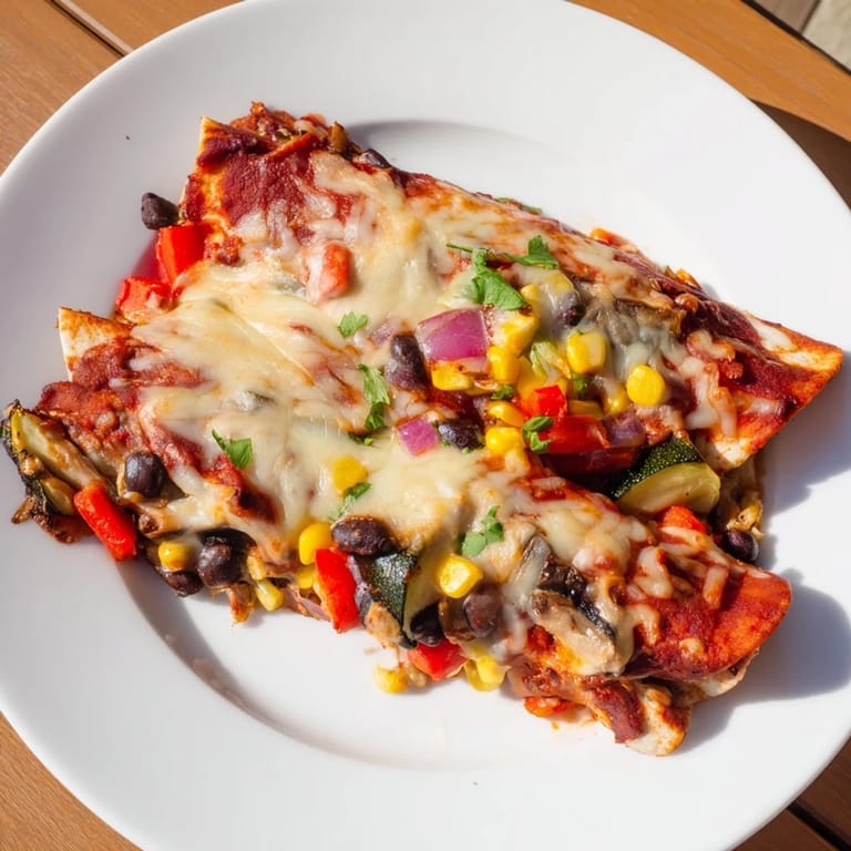 A close-up shot of baked Farmers Market Vegetarian Enchiladas, smothered in red sauce and bubbling cheese.