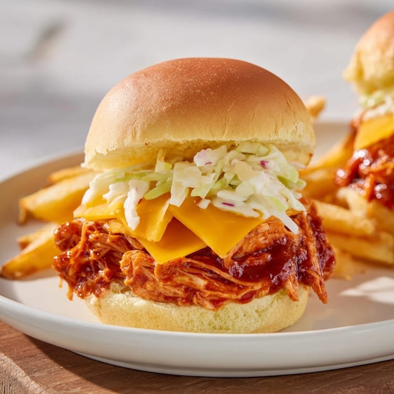 Close-up of juicy BBQ Chicken Sliders, paired with perfectly seasoned fries, ideal for a satisfying family meal.