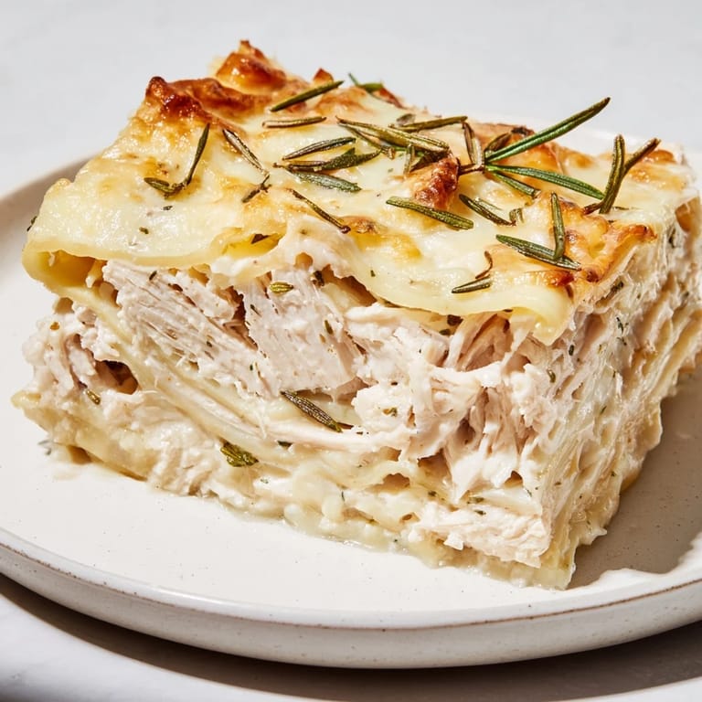 A close-up shot of Rosemary Chicken Lasagna with melted mozzarella, showcasing layers of creamy deliciousness.