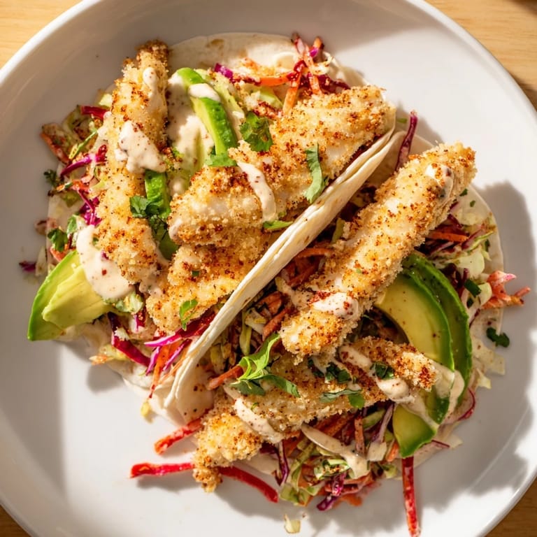 Close-up of freshly made crispy fish tacos with colorful slaw, ready to be devoured.