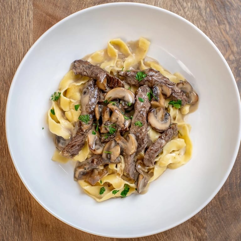Close-up shot shows a forkful of Creamy Mushroom Beef Stroganoff, capturing the savory flavors.