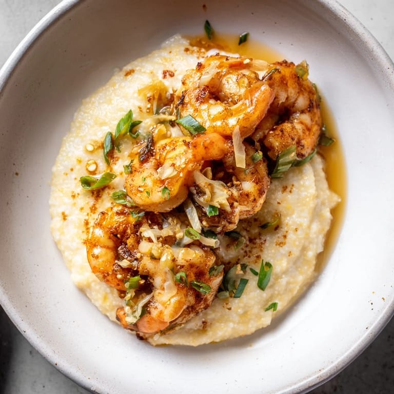 Golden, garlic butter coats plump shrimp atop creamy grits in this Shrimp & Grits portrayal.
