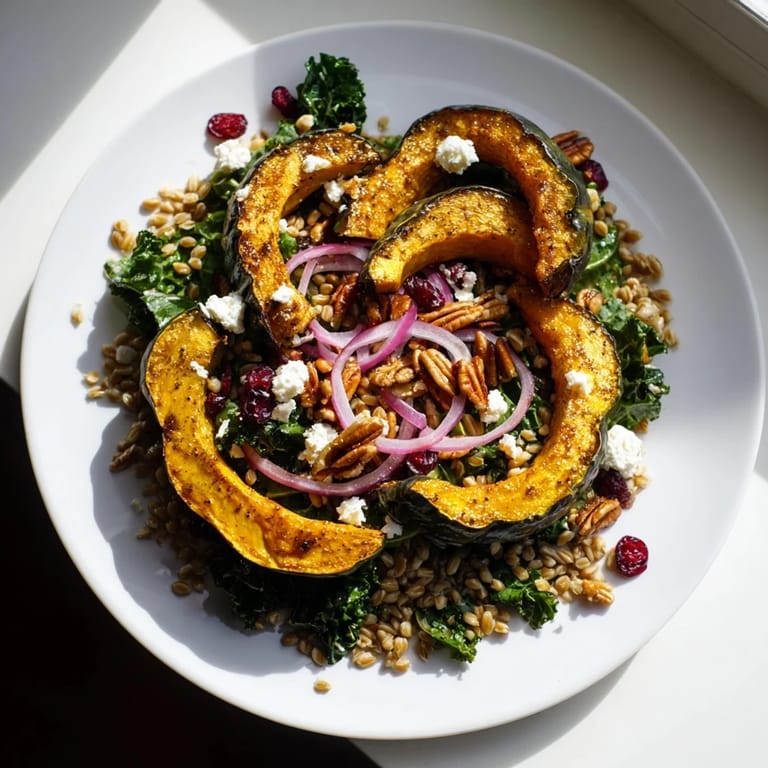 This healthy farro & mustard green salad features vibrant greens, roasted squash, and a tangy dressing.