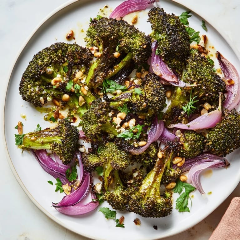 Golden-brown Warm Roasted Broccoli, tossed in lemon dressing, contrasted against the farro's texture.