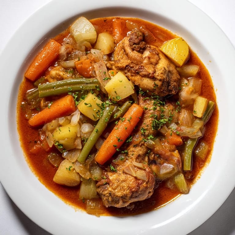 Tender chicken and colorful vegetables simmer in the slow cooker for this comforting Slow-Cooker Chicken Stew.