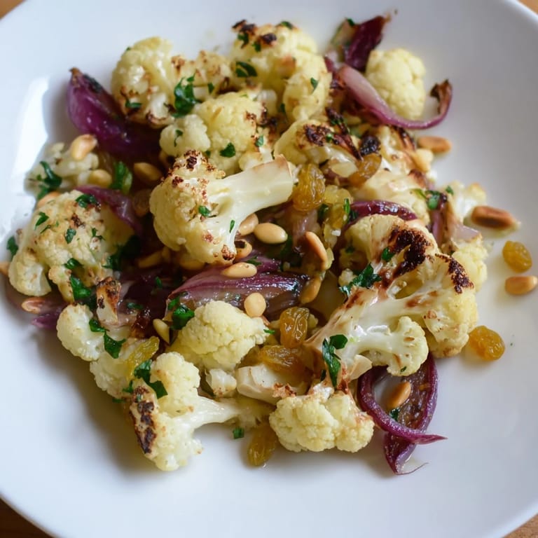 Fresh, bright Mediterranean flavors in this warm roasted cauliflower with lemon pine-nut dressing recipe.
