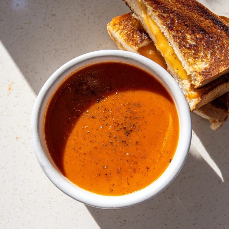 Enjoy the comforting sight of this 5-Ingredient Tomato Soup paired with buttery, toasty grilled cheese.