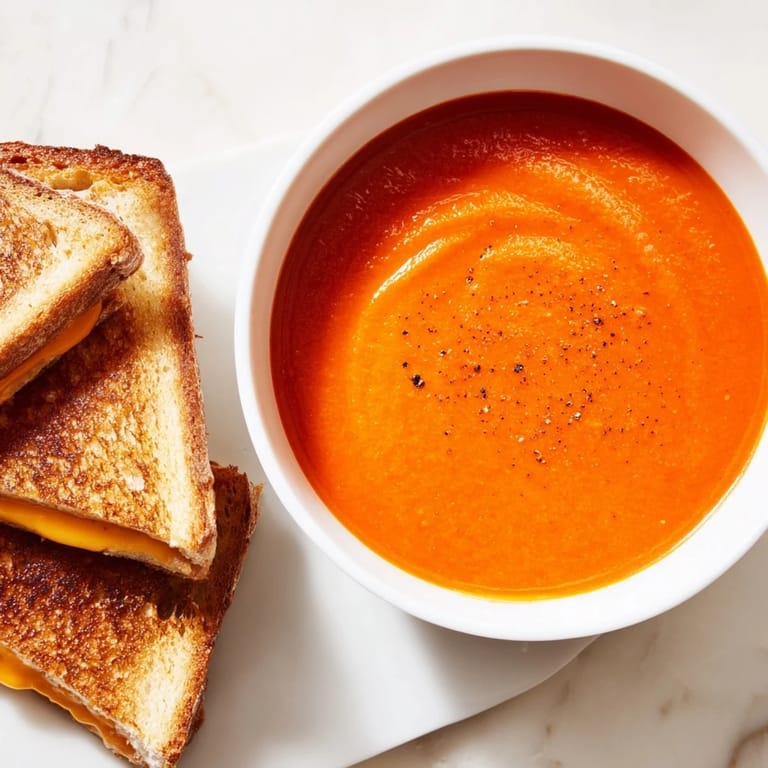 Rich, red 5-Ingredient Tomato Soup with the perfect cheese pull from a side of grilled cheese.