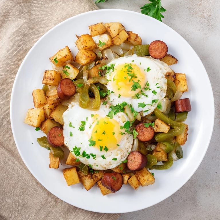 Crispy potatoes and onions mingle with hot dogs in this delicious Egg & Potato Hash breakfast skillet.