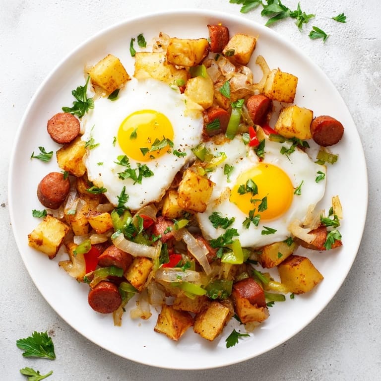 Fluffy eggs nestle in the flavorful Egg & Potato Hash, a comforting breakfast with savory hot dogs.