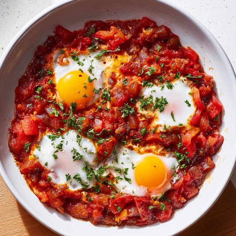 Fresh parsley garnishes the delicious Savory Baked Eggs in Tomato Sauce served with crusty bread.