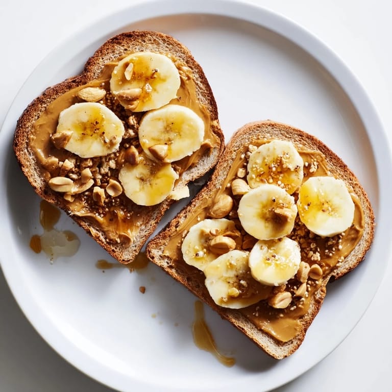 Crunchy peanut butter and banana sandwich with chopped peanuts and granola, a tasty treat.