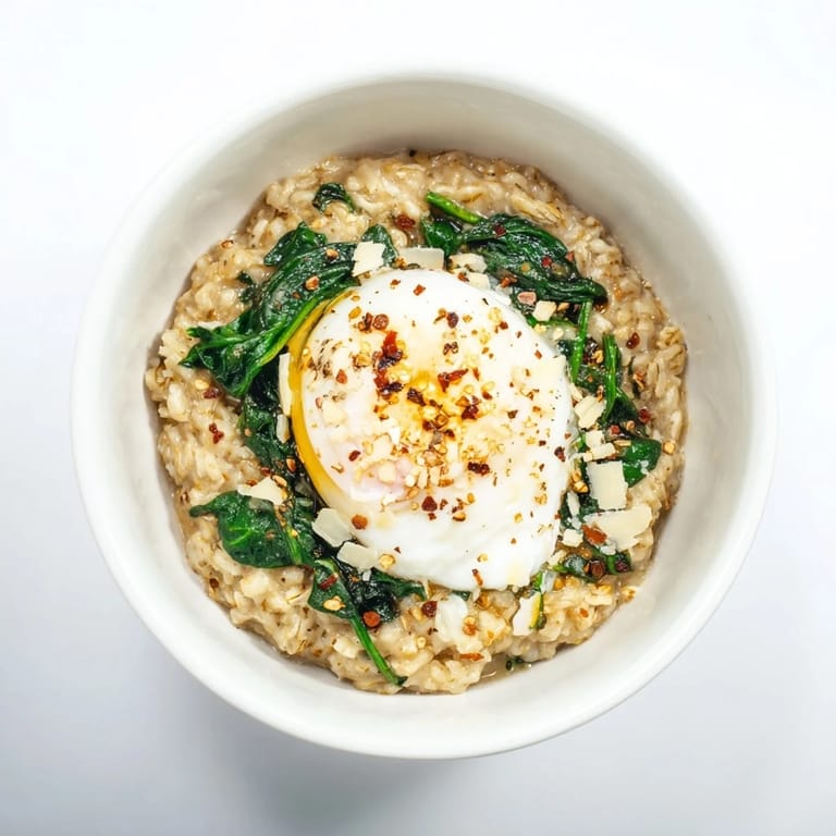 Enjoy this healthy savoury oatmeal recipe; creamy oats, egg and fresh spinach make a tasty meal.