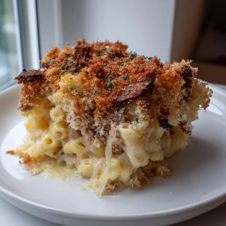 A close-up of cheesy, Baked Macaroni and Cheese, showcasing the bubbly, golden crust and tender pasta.