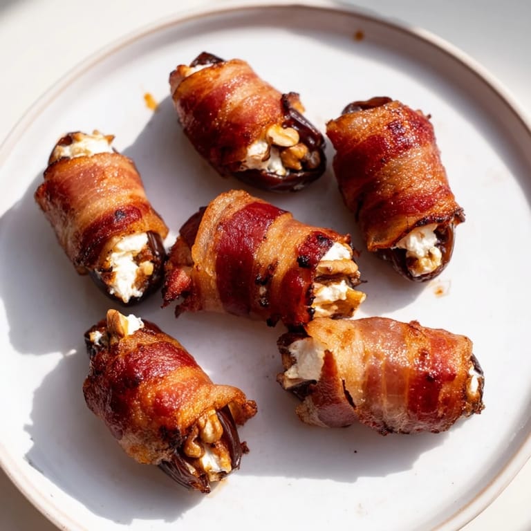 Savory bacon-wrapped dates with cream cheese oozing, served warm and ready to eat.