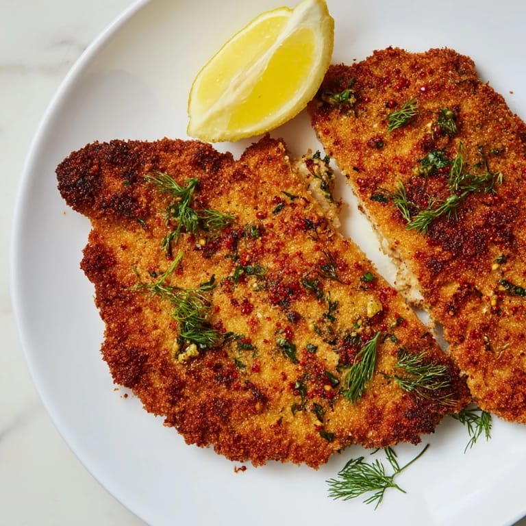 A close-up view displays the juicy, perfectly fried pickle-brined chicken cutlets on a plate.