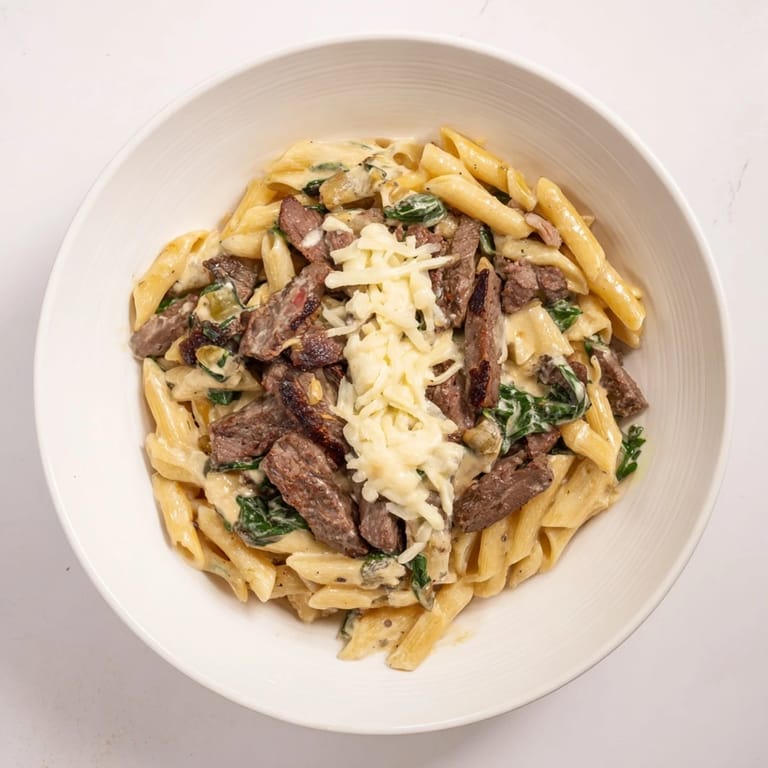 A close-up of the hearty Steak & Spinach Artichoke Pasta Bake, showing tender steak and cheesy goodness.