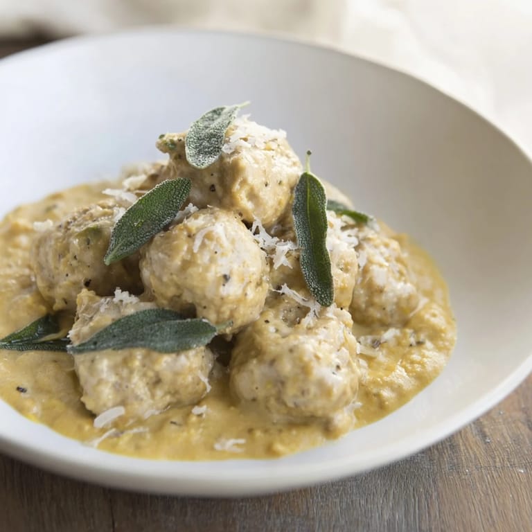 Close-up of hearty easy Turkey Meatballs in Pumpkin Sage Sauce, showcasing a flavorful, comforting dinner.